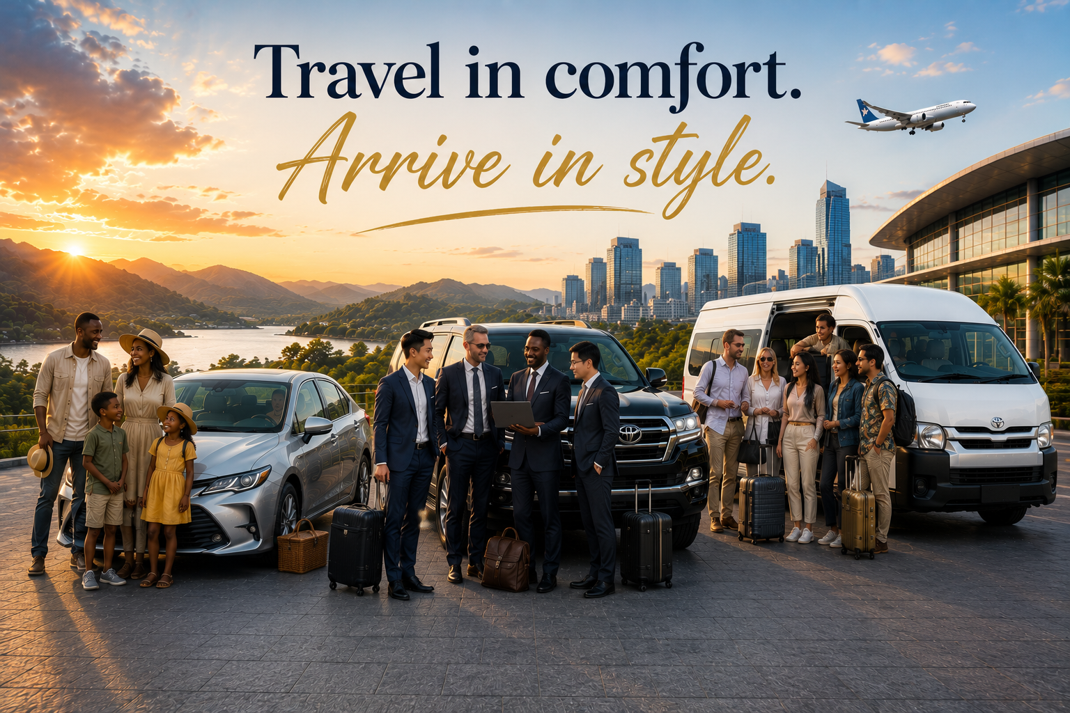 Executive Vans fleet with families and business travellers — Travel in comfort. Arrive in style.