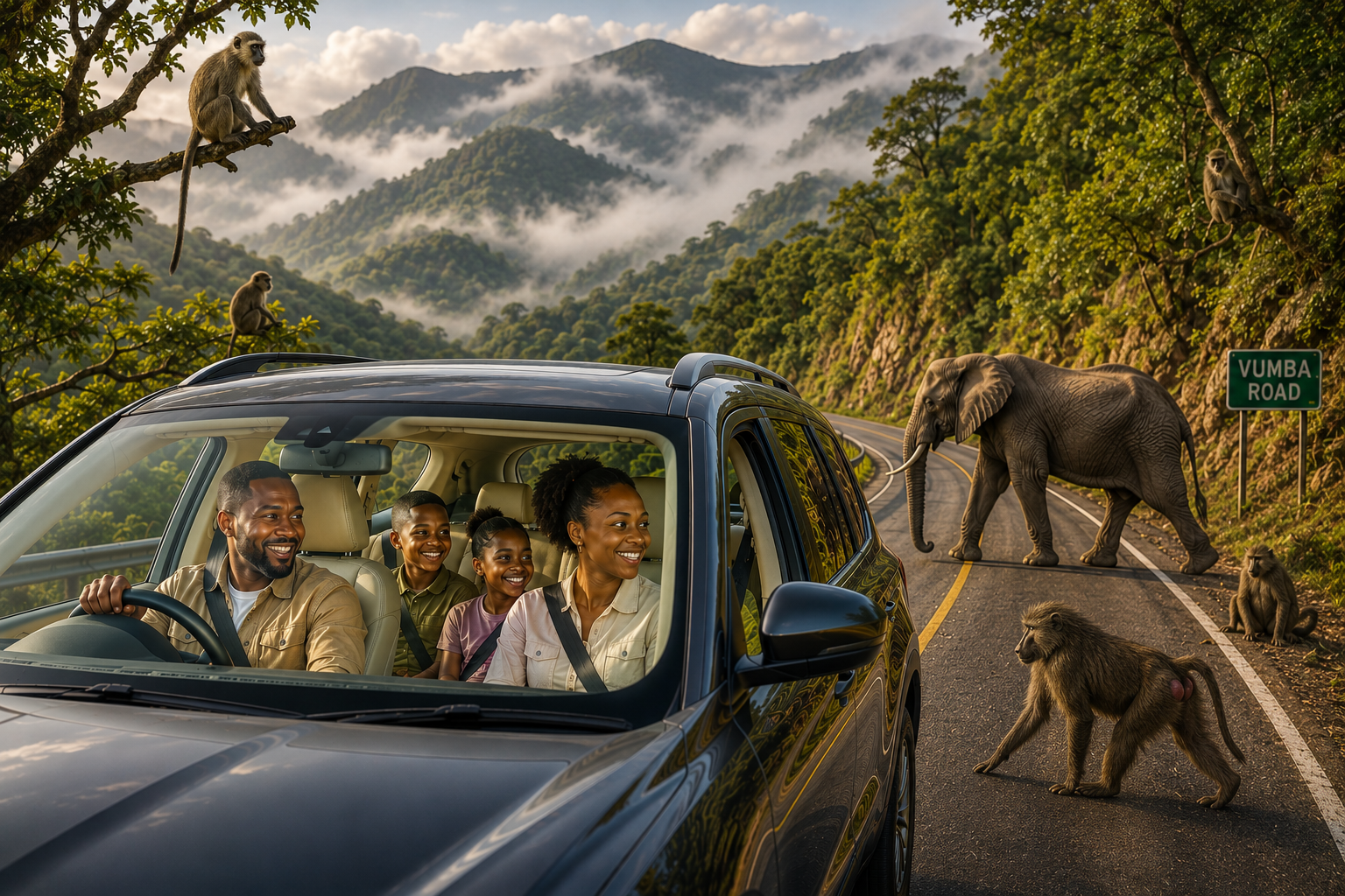 Family on a scenic drive along Vumba Road with elephants and monkeys in the Eastern Highlands of Zimbabwe